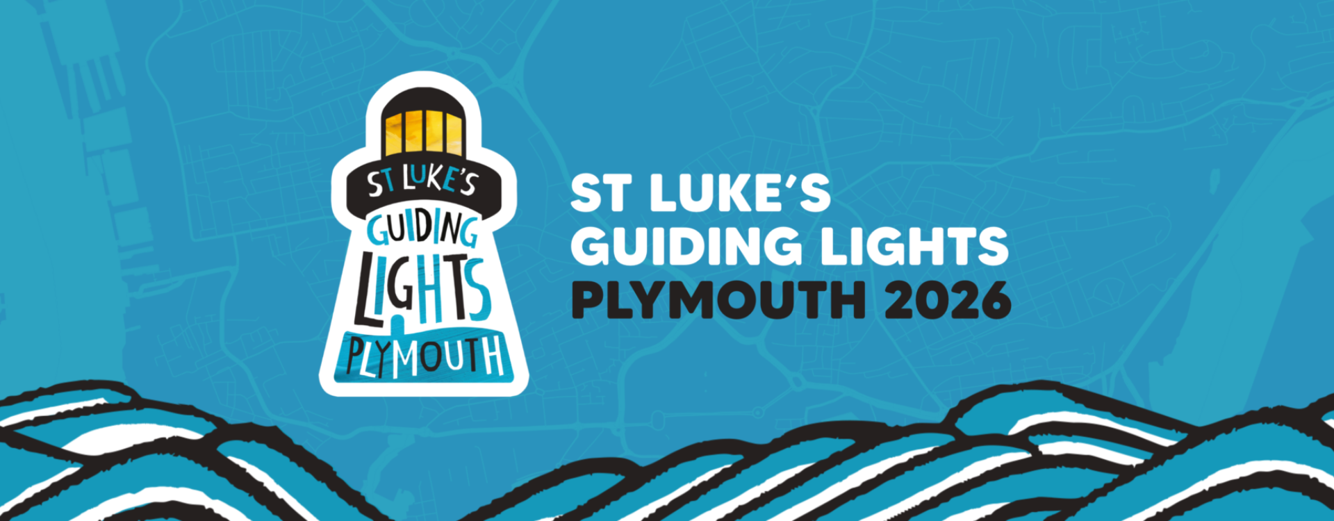 A graphic of a lighthouse and waves with St Luke's Guiding Lights text 