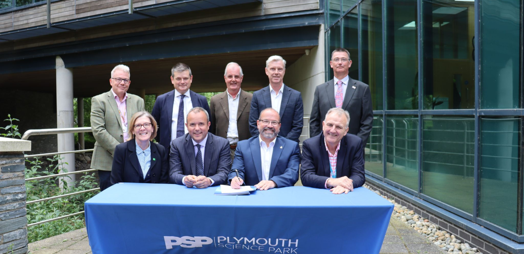 Tracey Lee, Chief Executive Plymouth City Council, Professor Richard Davies Vice Chancellor University of Plymouth, David Hockton CEO Plymouth Science Park, Mark Hackett Interim Chief Executive UHP, pictured outside the John Bull Building which bridges the valley between Plymouth Science Park and University Hospitals Plymouth NHS Trust.