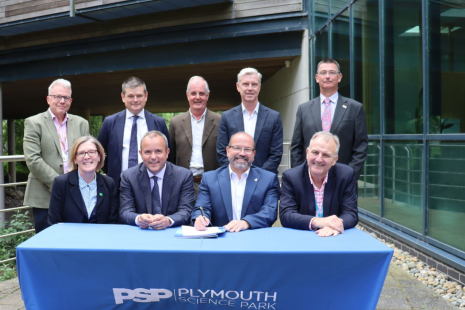Tracey Lee, Chief Executive Plymouth City Council, Professor Richard Davies Vice Chancellor University of Plymouth, David Hockton CEO Plymouth Science Park, Mark Hackett Interim Chief Executive UHP, pictured outside the John Bull Building which bridges the valley between Plymouth Science Park and University Hospitals Plymouth NHS Trust.